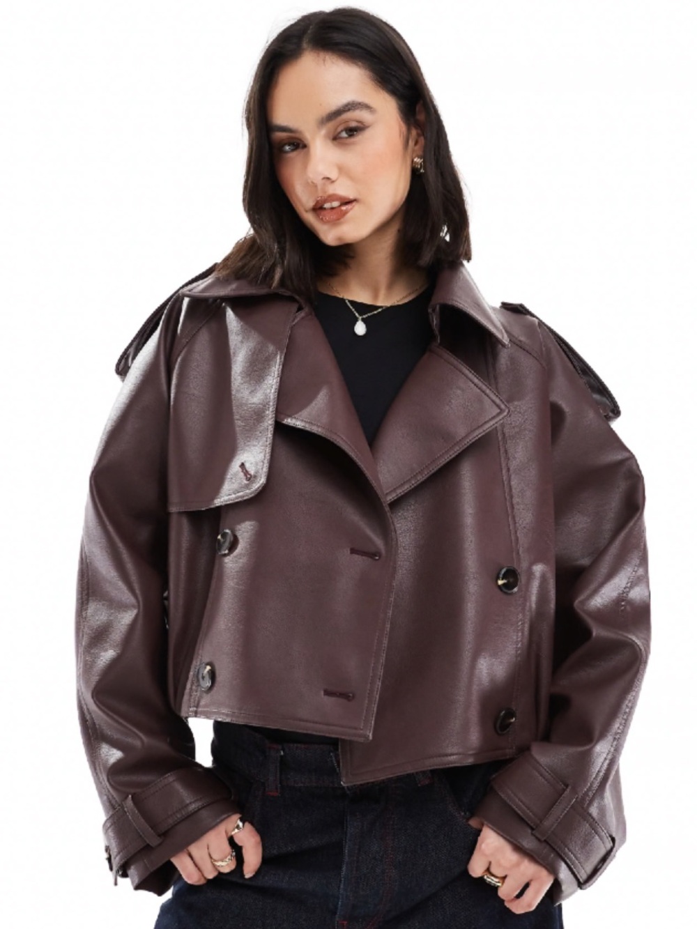 ASOS DESIGN leather look bomber trench coat in chocolate